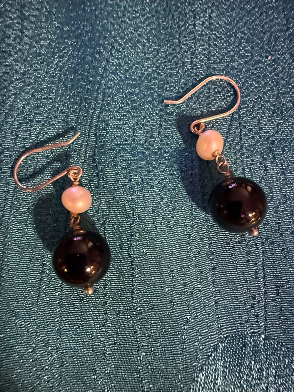 Elegant onyx and FW Pearl Drop Earrings on Sterling